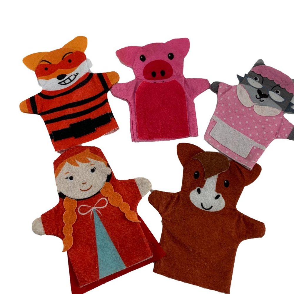Lot of 5 Felt Hand Puppets Pig Red Riding Hood Dog Grandmother Cow 8.75" X 7.75"